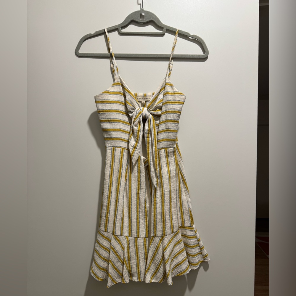 Moon River Yellow and Blue Striped Dress with Cutout